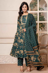 Green Floral Print Sequins Work Pure Cotton Kurta Set