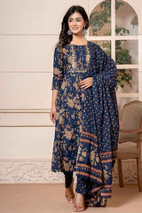 Blue Floral Print Sequins Work Pure Cotton Kurta Set