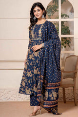 Blue Floral Print Sequins Work Pure Cotton Kurta Set