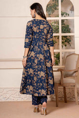 Blue Floral Print Sequins Work Pure Cotton Kurta Set