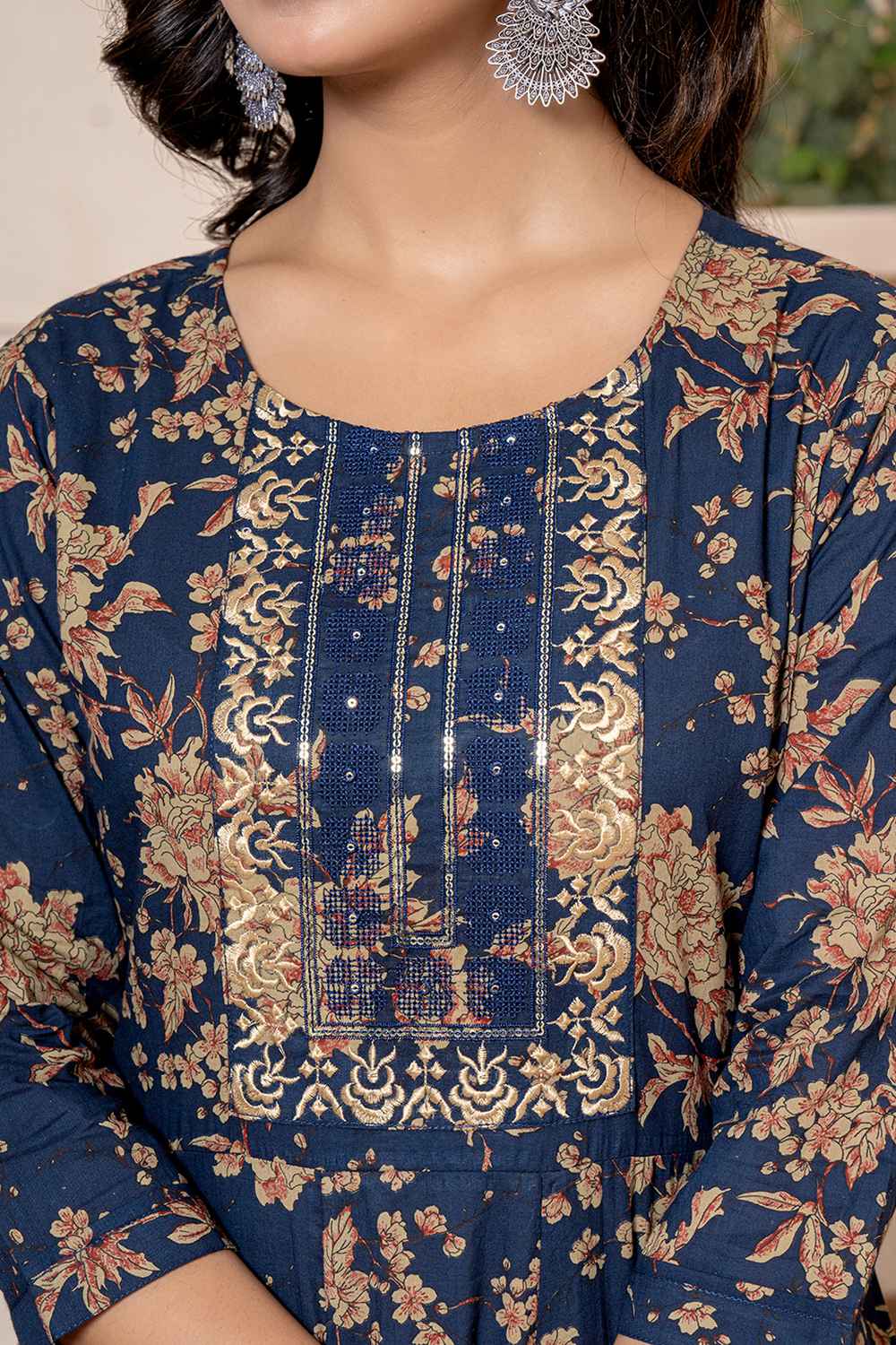 Blue Floral Print Sequins Work Pure Cotton Kurta Set