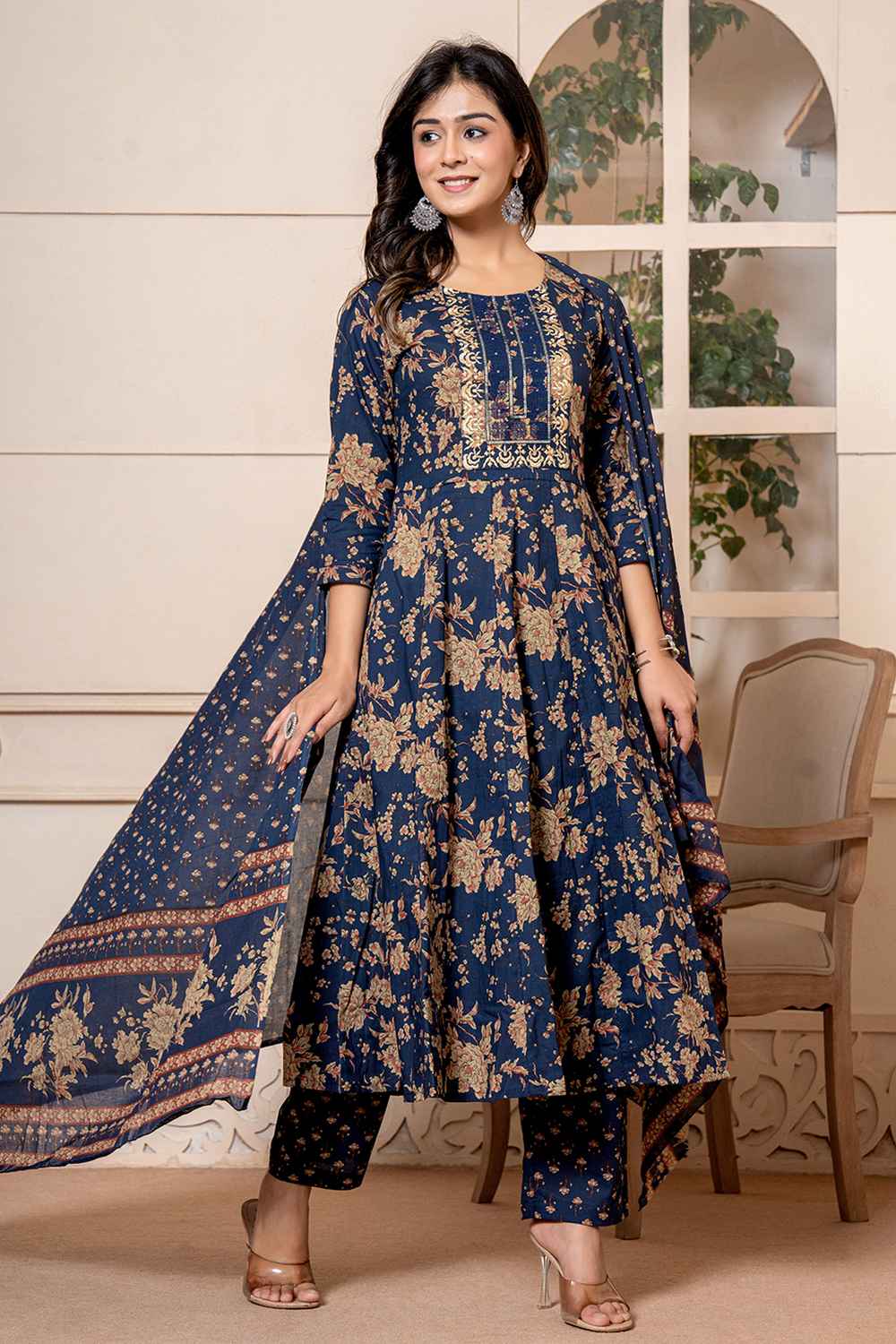 Blue Floral Print Sequins Work Pure Cotton Kurta Set