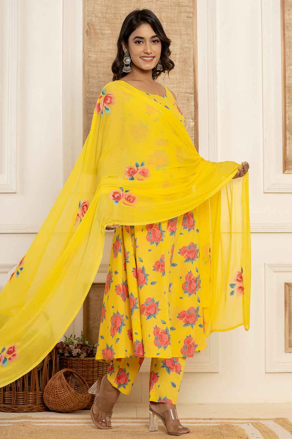 Yellow Floral Print Sequins Work Pure Cotton Kurti Set