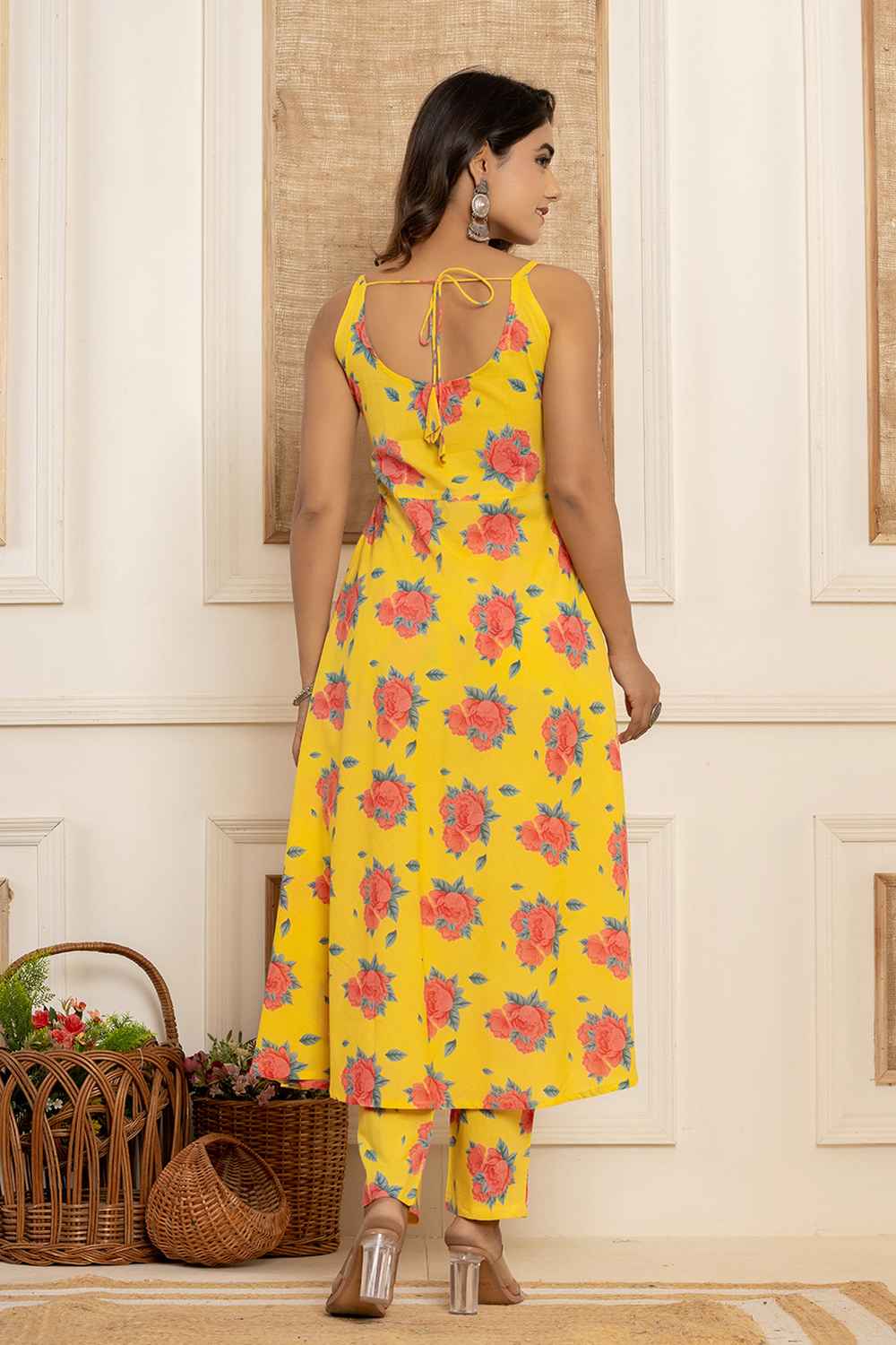 Yellow Floral Print Sequins Work Pure Cotton Kurta Set