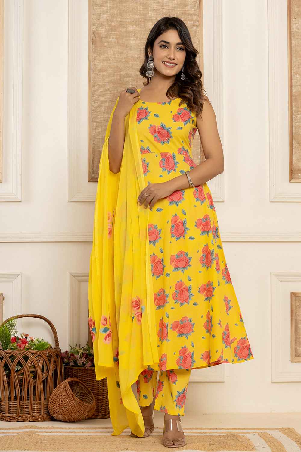 Yellow Floral Print Sequins Work Pure Cotton Kurta Set