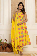 Yellow Floral Print Sequins Work Pure Cotton Kurti Set