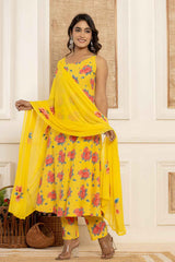 Yellow Floral Print Sequins Work Pure Cotton Kurti Set