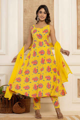 Yellow Floral Print Sequins Work Pure Cotton Kurta Set