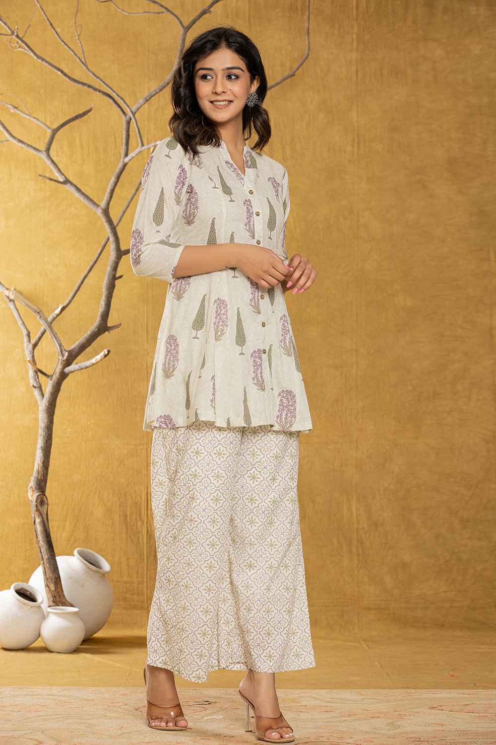 Beige Ethnic Motifs Cotton Co-Ord Sets