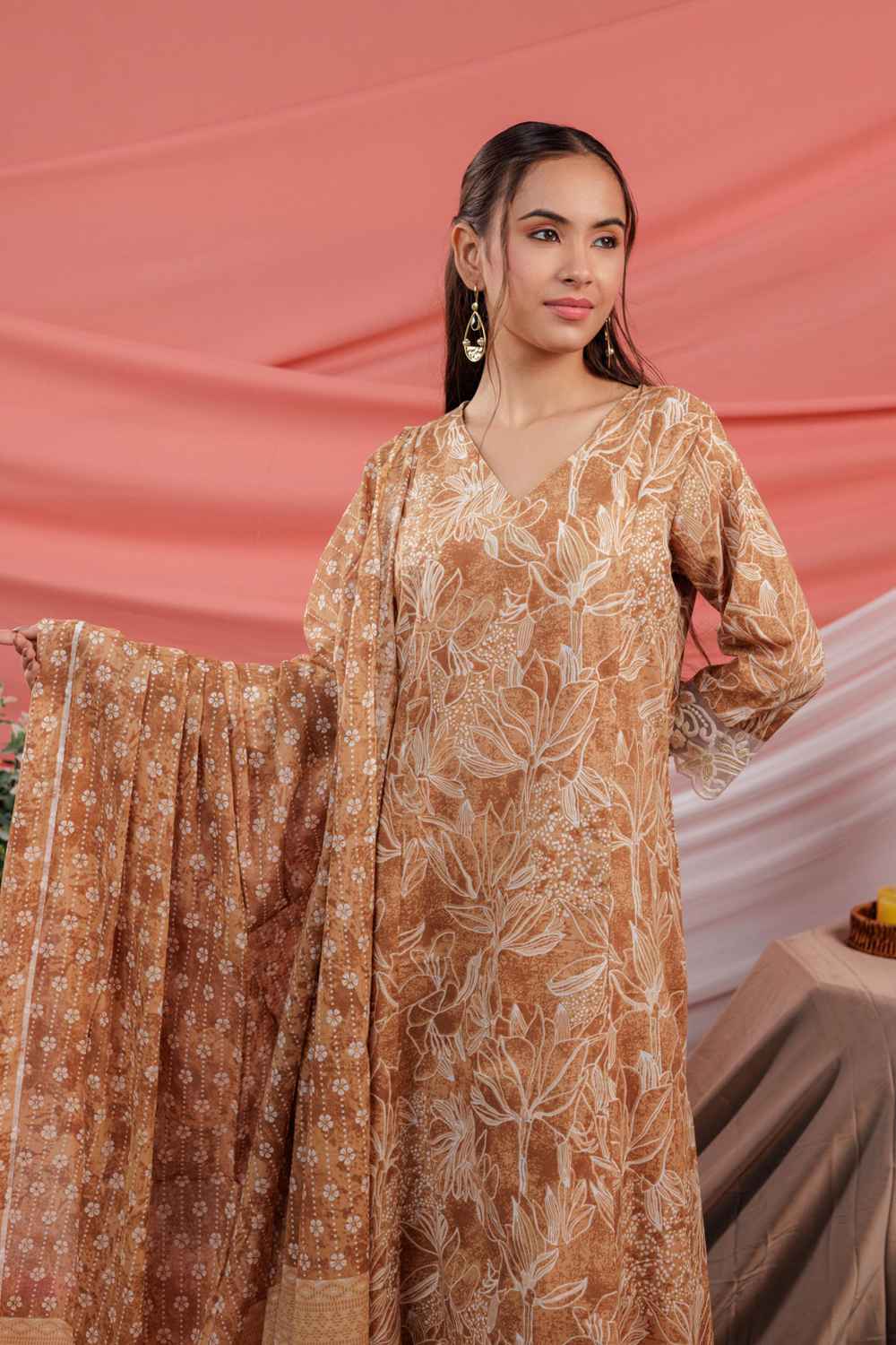 Yellow Floral Print Lace Work Pure Cotton Kurta Set