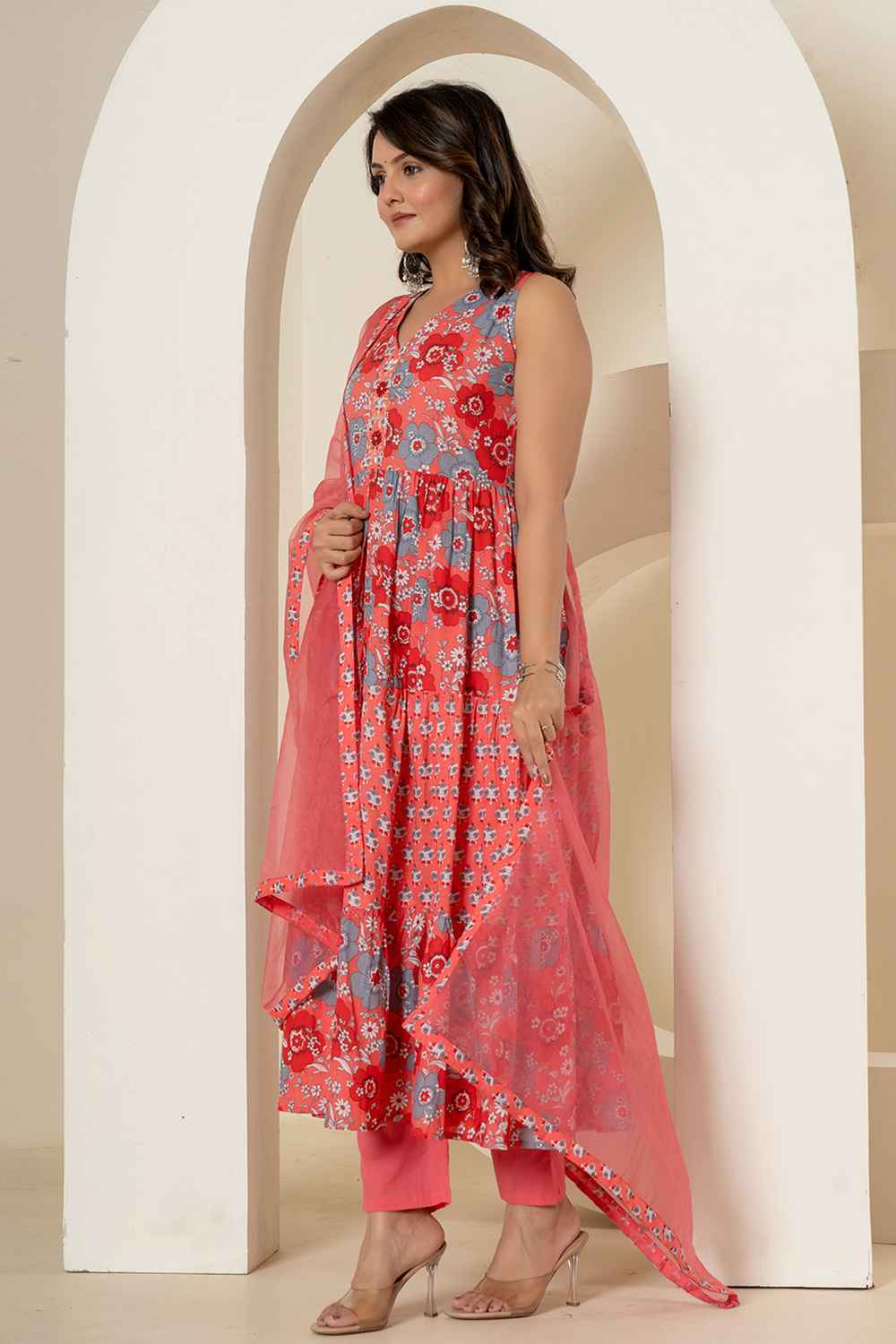 Pink Floral Print Sequins Work Pure Cotton Kurta Set