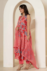 Pink Floral Print Sequins Work Pure Cotton Kurta Set