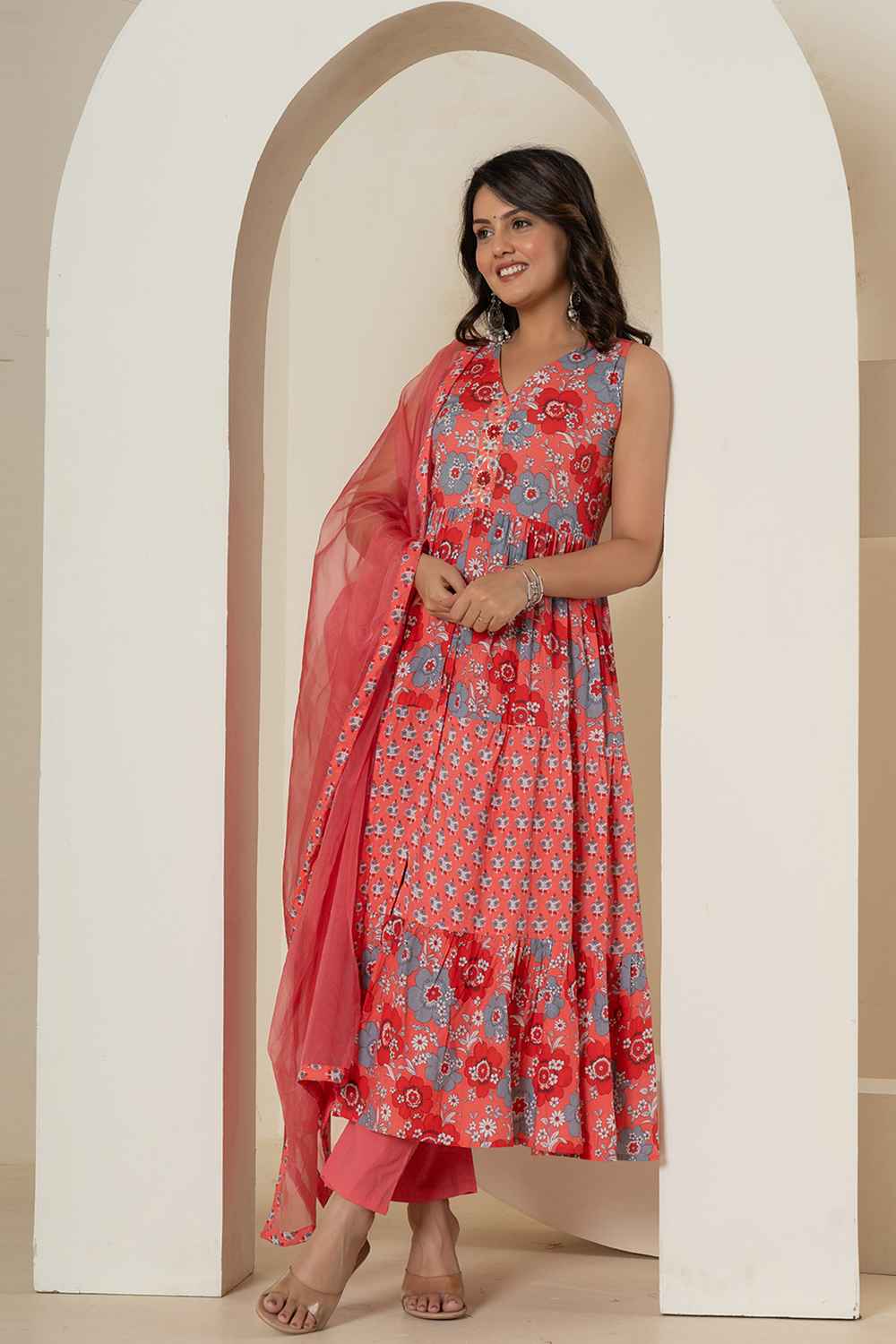 Pink Floral Print Sequins Work Pure Cotton Kurta Set