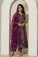 Violet Floral Print Sequins Work Pure Cotton Kurta Set