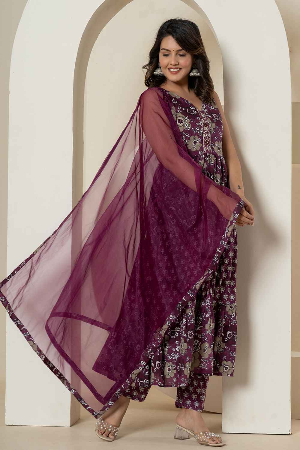 Violet Floral Print Sequins Work Pure Cotton Kurti Set