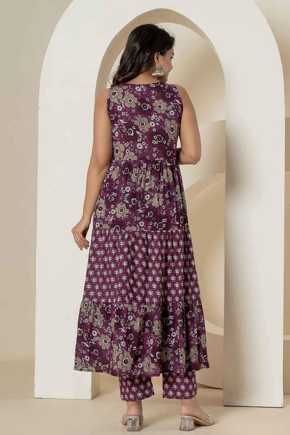 Violet Floral Print Sequins Work Pure Cotton Kurta Set