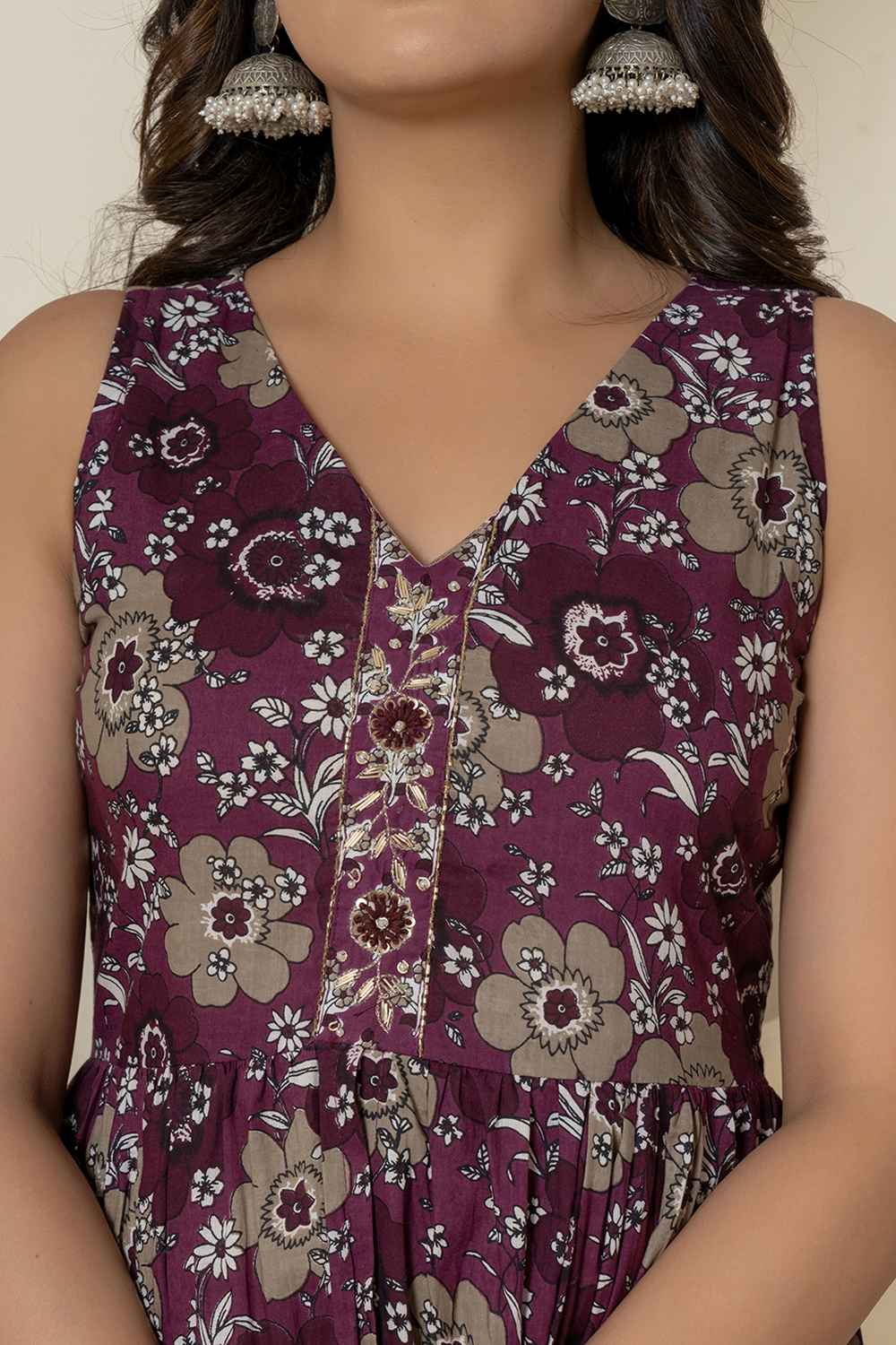 Violet Floral Print Sequins Work Pure Cotton Kurti Set