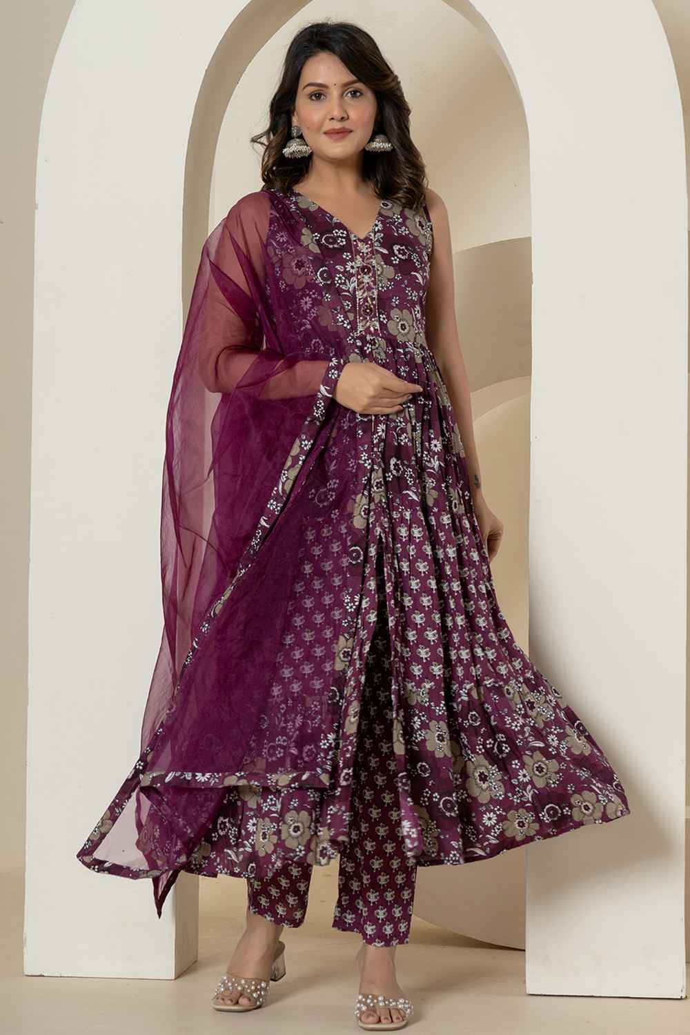 Violet Floral Print Sequins Work Pure Cotton Kurti Set