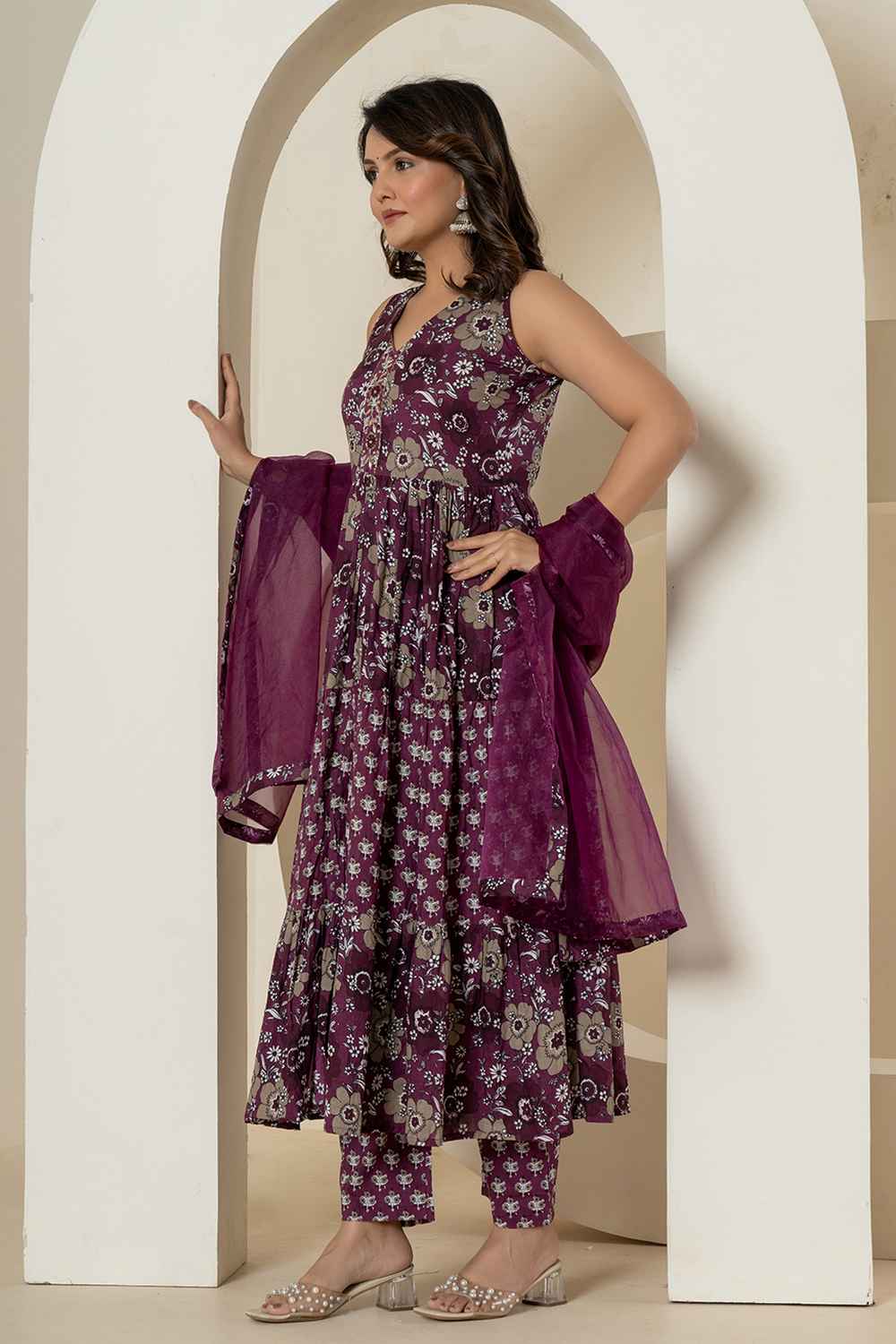 Violet Floral Print Sequins Work Pure Cotton Kurta Set