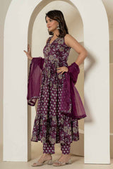 Violet Floral Print Sequins Work Pure Cotton Kurta Set