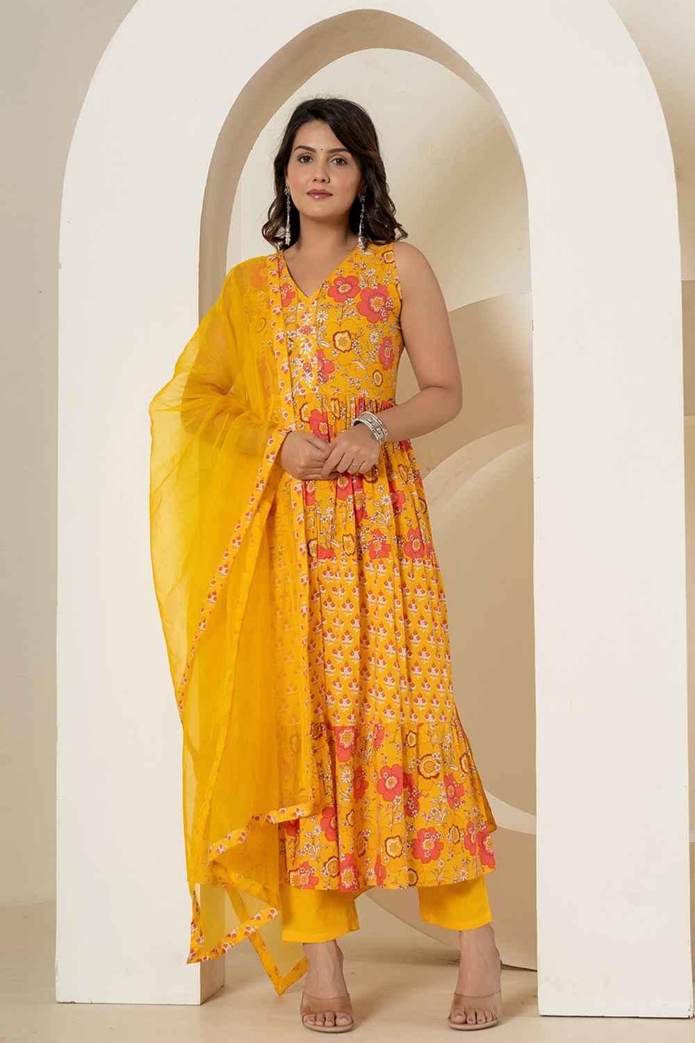 Yellow Floral Print Sequins Work Pure Cotton Kurti Set