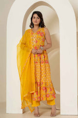 Yellow Floral Print Sequins Work Pure Cotton Kurta Set