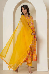 Yellow Floral Print Sequins Work Pure Cotton Kurta Set