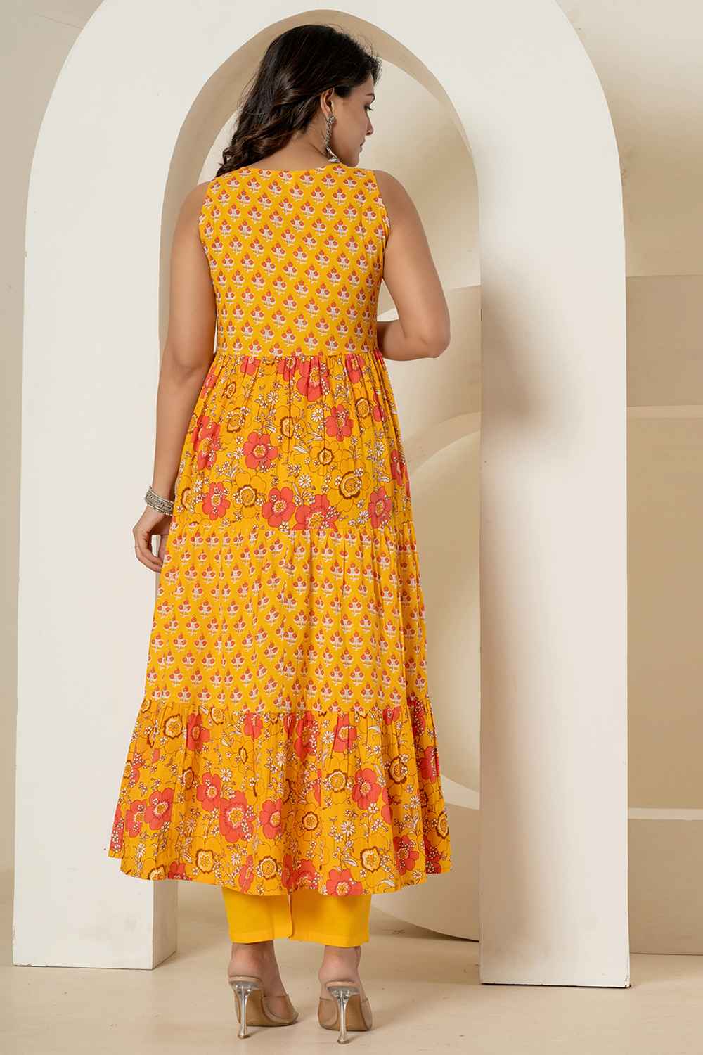 Yellow Floral Print Sequins Work Pure Cotton Kurta Set