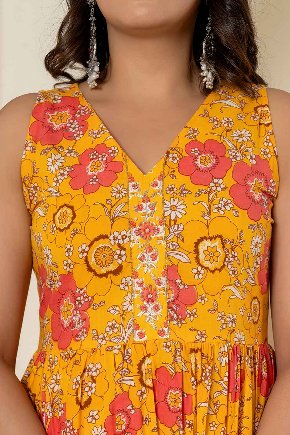 Yellow Floral Print Sequins Work Pure Cotton Kurta Set