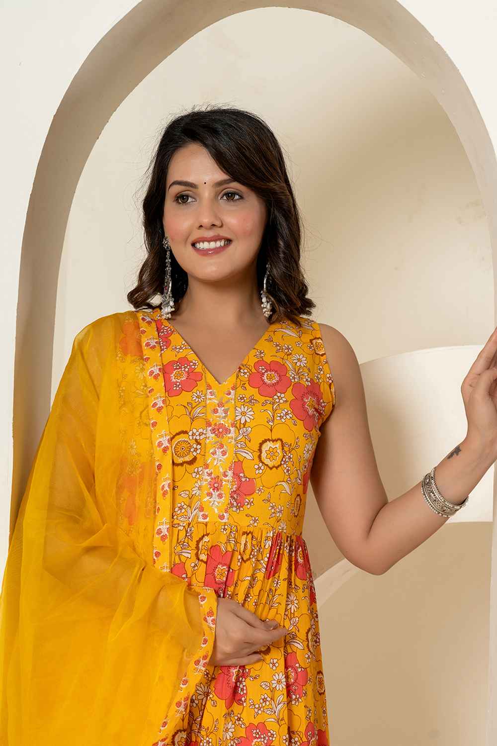 Yellow Floral Print Sequins Work Pure Cotton Kurta Set