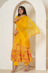 Yellow Floral Print Sequins Work Pure Cotton Kurta Set