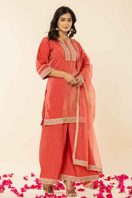 Orange Solid Thread Work Silk Kurti Set