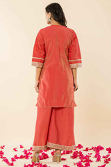 Orange Solid Thread Work Silk Kurti Set