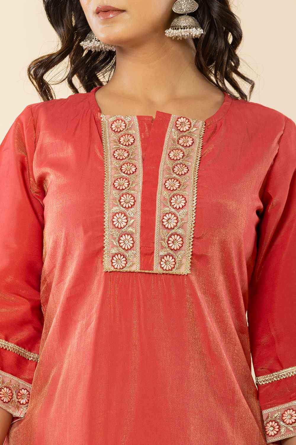 Orange Solid Thread Work Silk Kurti Set