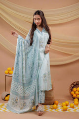 Blue Floral Print Pure Cotton Kurta Set