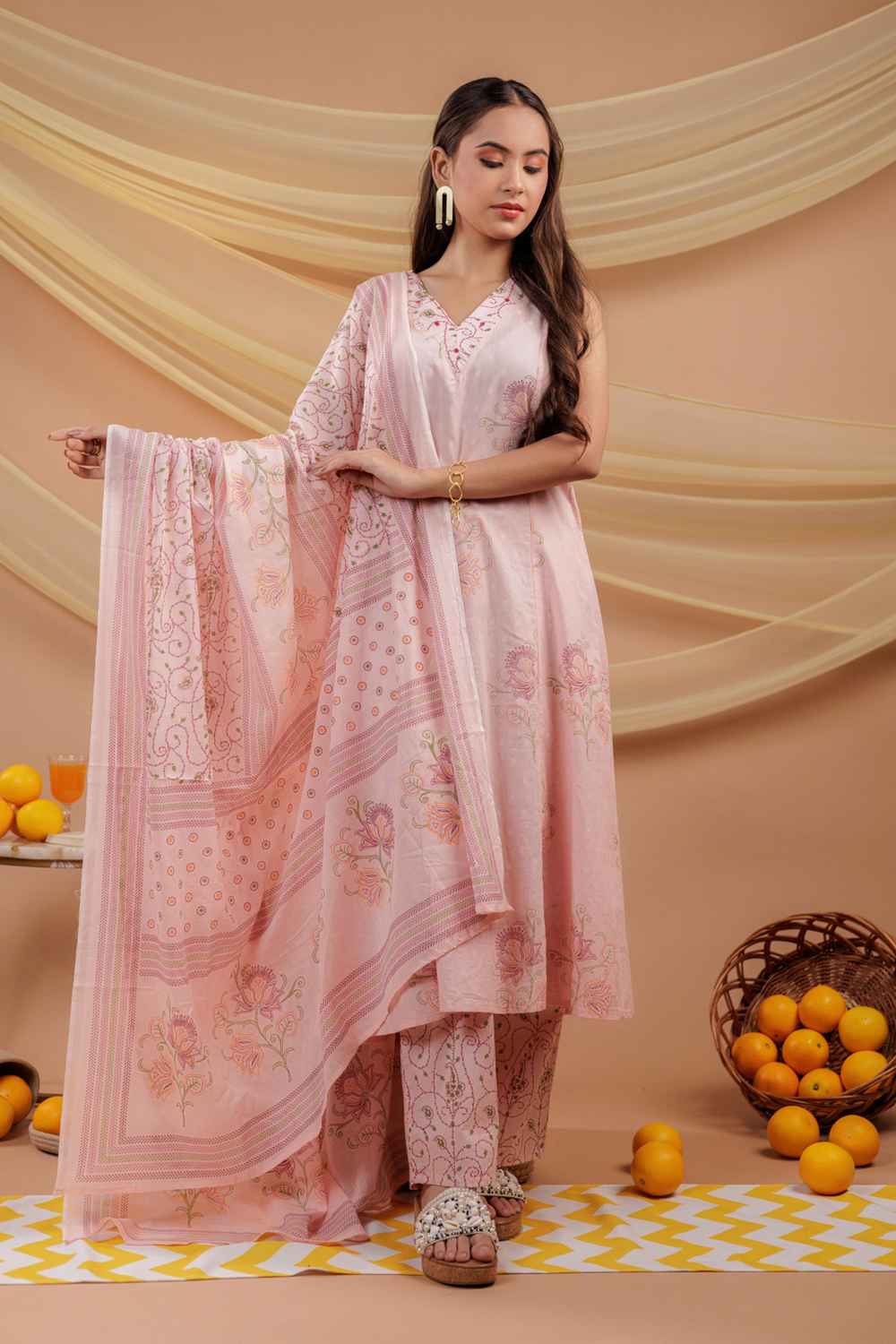 Pink Floral Print Pure Cotton Kurti Set