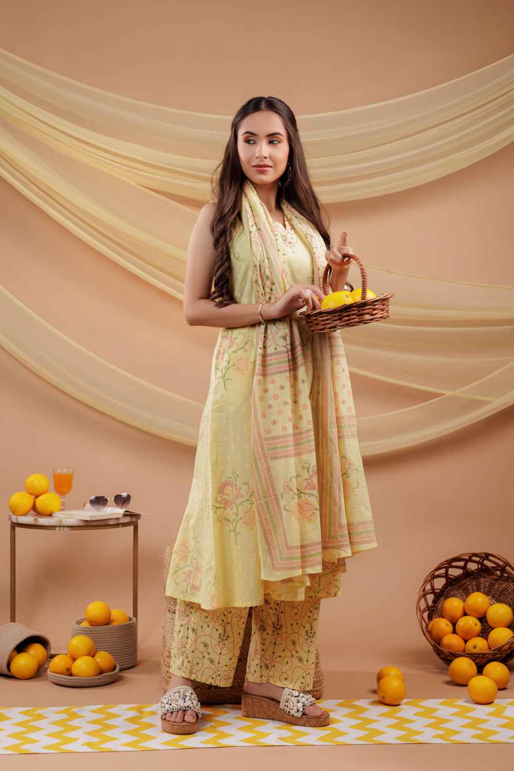 Yellow Floral Print Pure Cotton Kurta Set