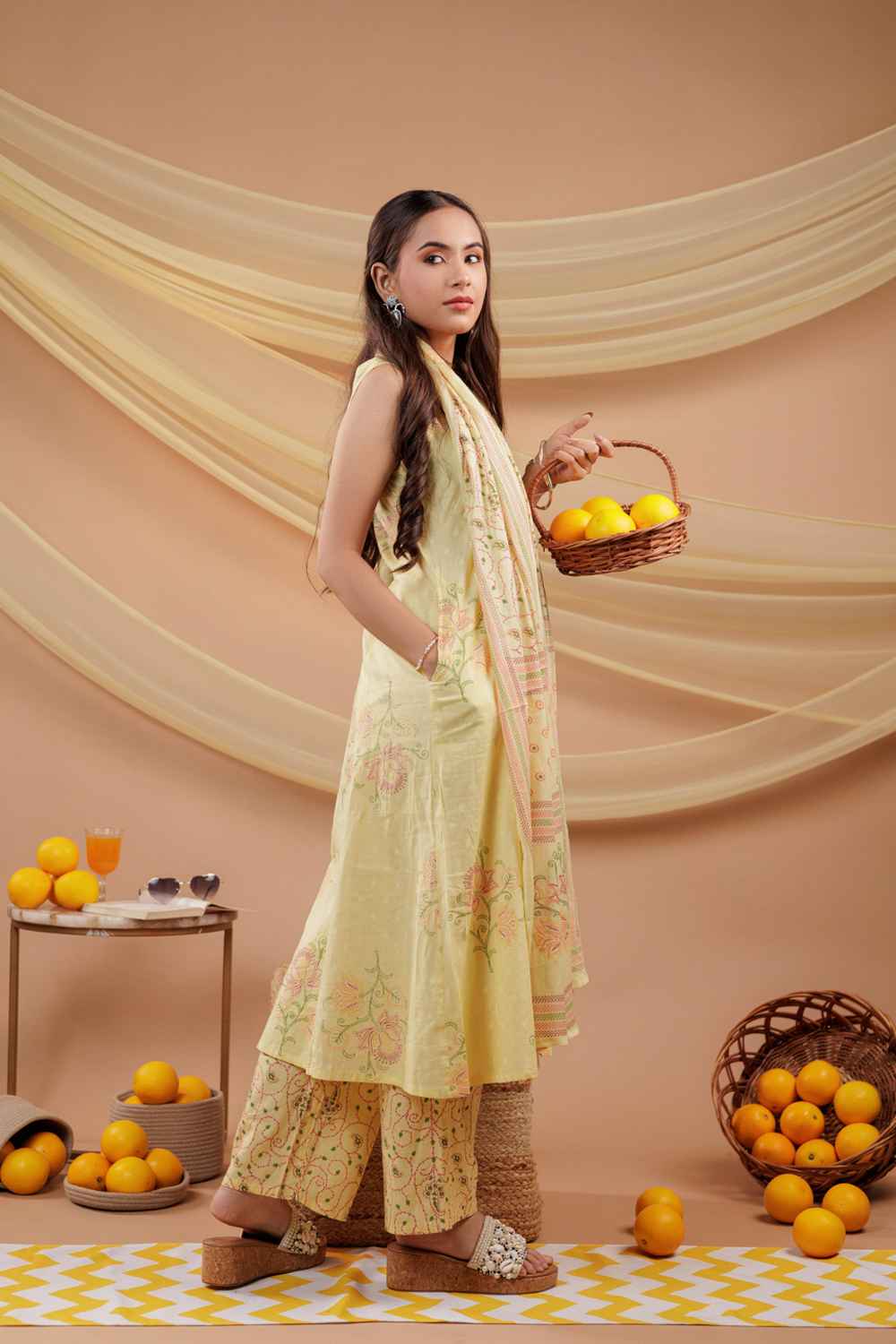 Yellow Floral Print Pure Cotton Kurta Set