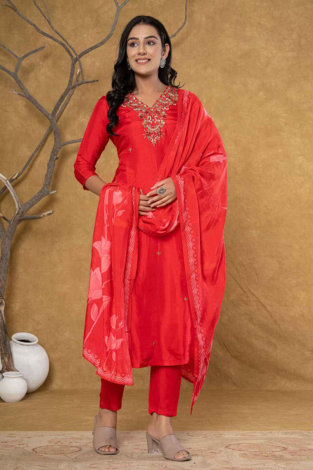 Red Beads and Stones Embossed Pure Silk Kurti Set