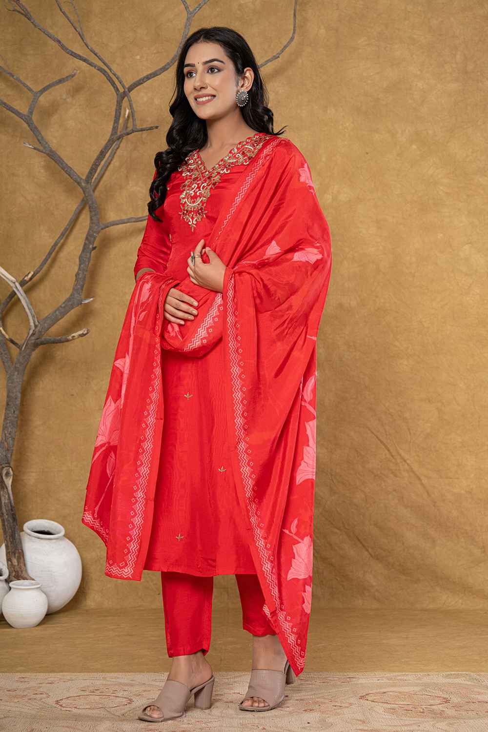 Red Beads and Stones Embossed Pure Silk Kurta Set