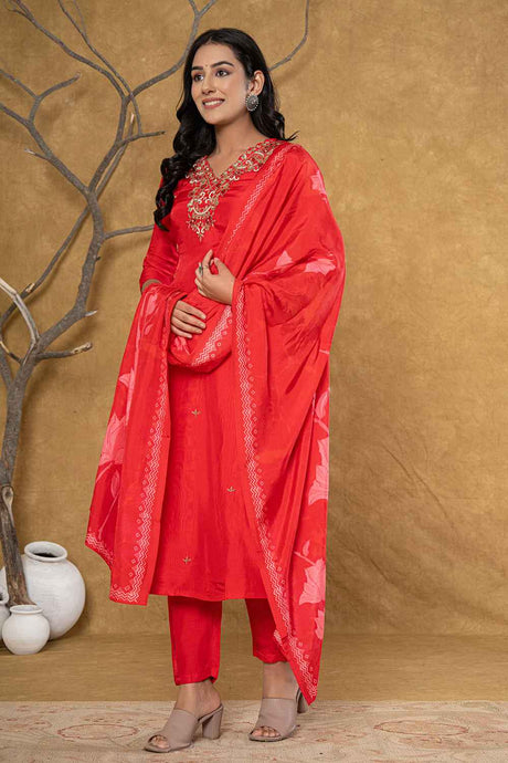 Red Beads and Stones Embossed Pure Silk Kurti Set