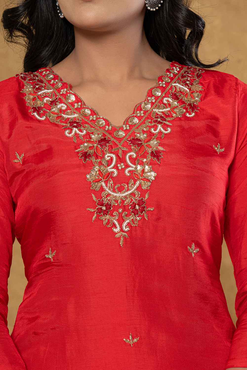 Red Beads and Stones Embossed Pure Silk Kurta Set