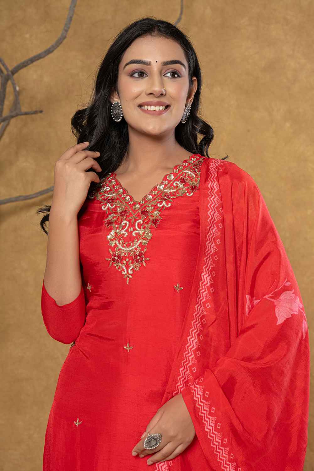 Red Beads and Stones Embossed Pure Silk Kurta Set