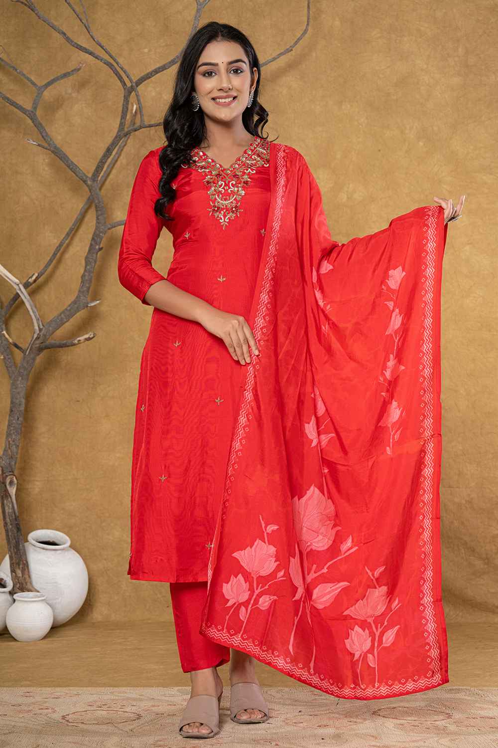 Red Beads and Stones Embossed Pure Silk Kurti Set