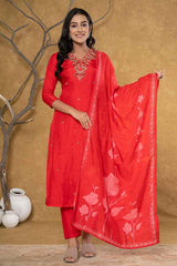 Red Beads and Stones Embossed Pure Silk Kurta Set