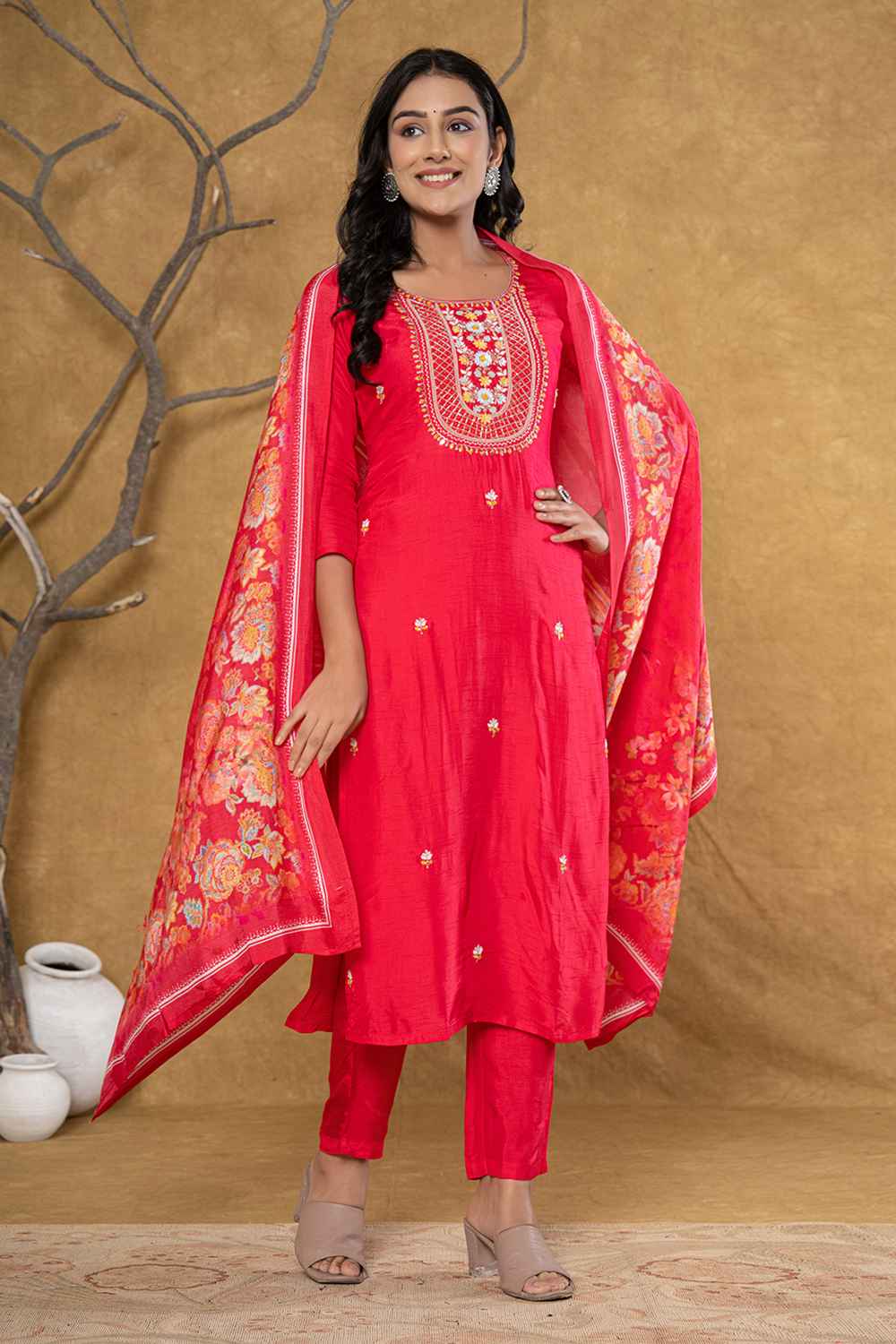 Pink Sequins Work Pure Silk Kurti Set