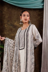 White Ethnic Motifs Embroidered Muslin Silk Kurti Set