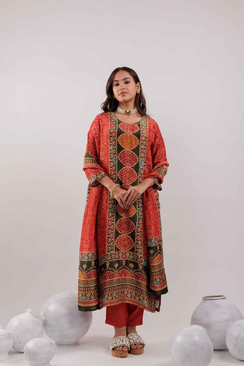 Red Ethnic Motifs Sequins Work Pure Silk Kurti Set