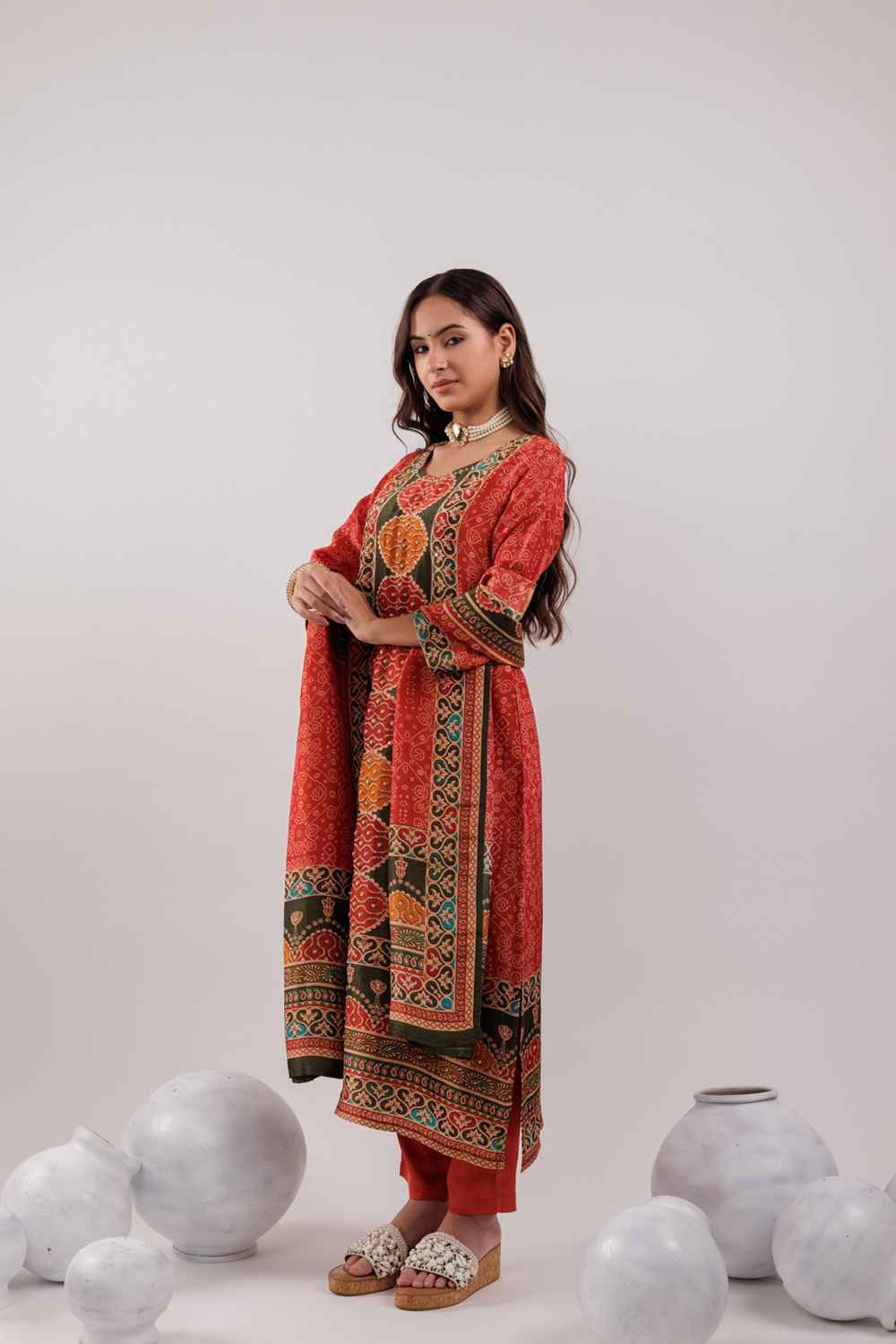 Red Ethnic Motifs Sequins Work Pure Silk Kurti Set