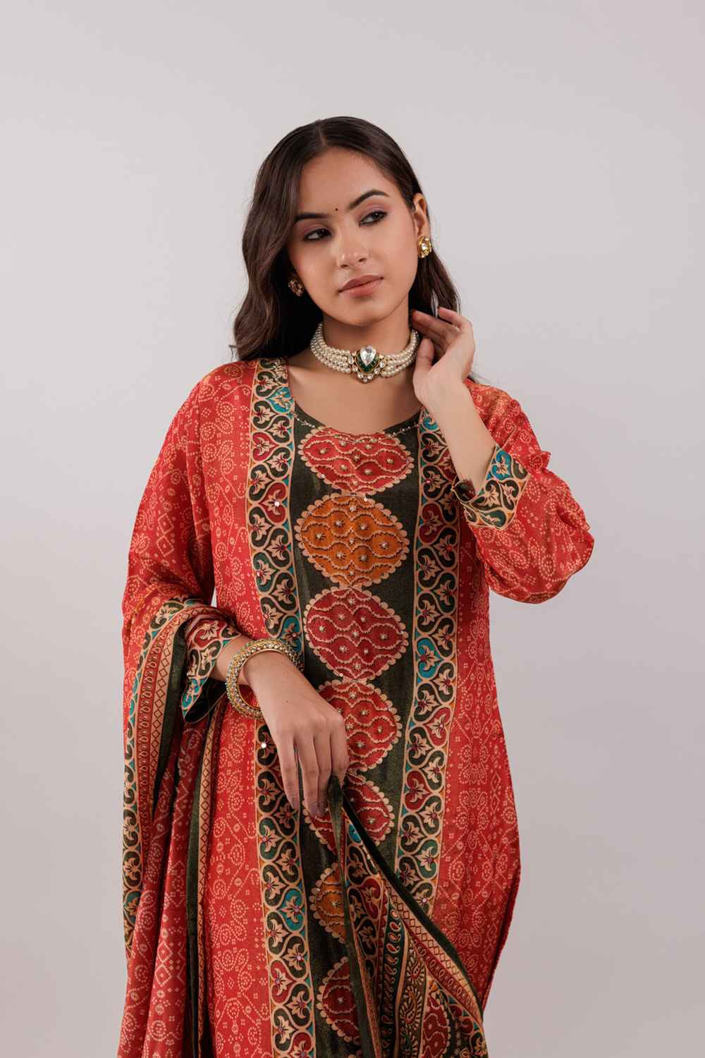 Red Ethnic Motifs Sequins Work Pure Silk Kurti Set